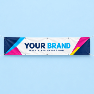 Outdoor PVC banner mockup with colourful custom printing and silver eyelets on a light blue background
