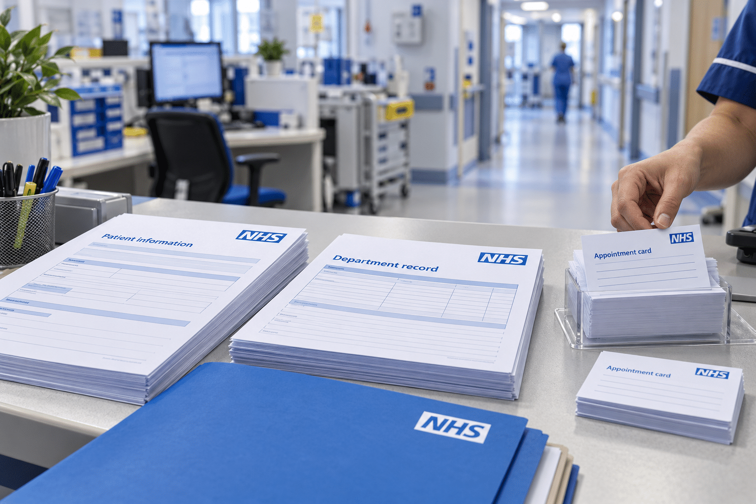 NHS departmental forms, appointment cards and folders on a hospital administration desk