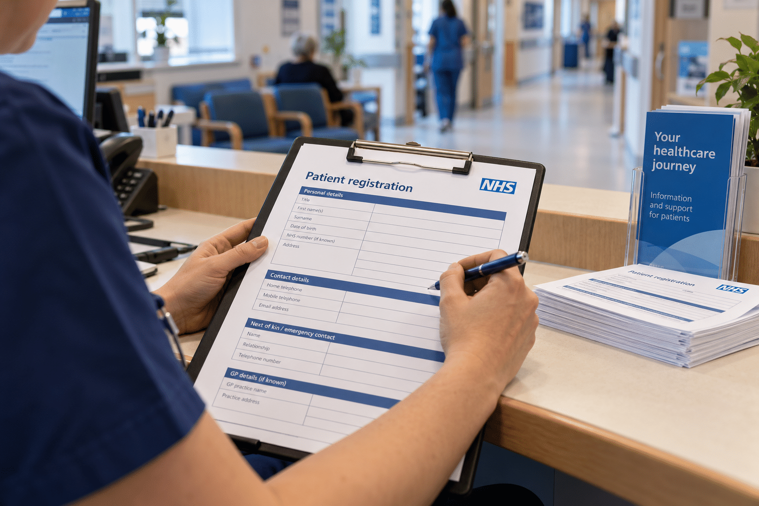 NHS patient form design in a hospital reception setting