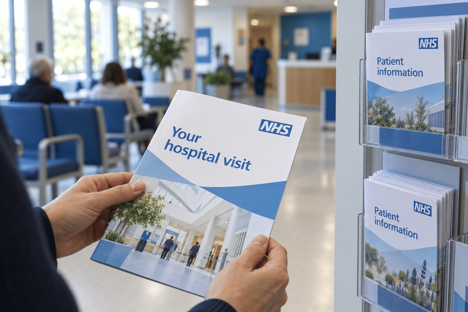 NHS patient leaflet and booklet designs in a hospital waiting area