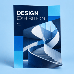 A1 outdoor poster mockup with blue Design Exhibition artwork and a curved architectural staircase