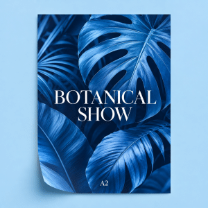 A2 outdoor poster mockup with blue tropical leaves and Botanical Show lettering