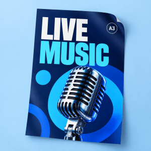 A3 outdoor poster mockup with blue Live Music artwork and a silver microphone