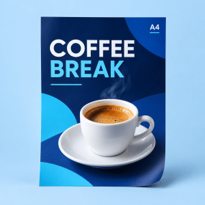 A4 outdoor poster mockup with blue Coffee Break artwork and a white coffee cup