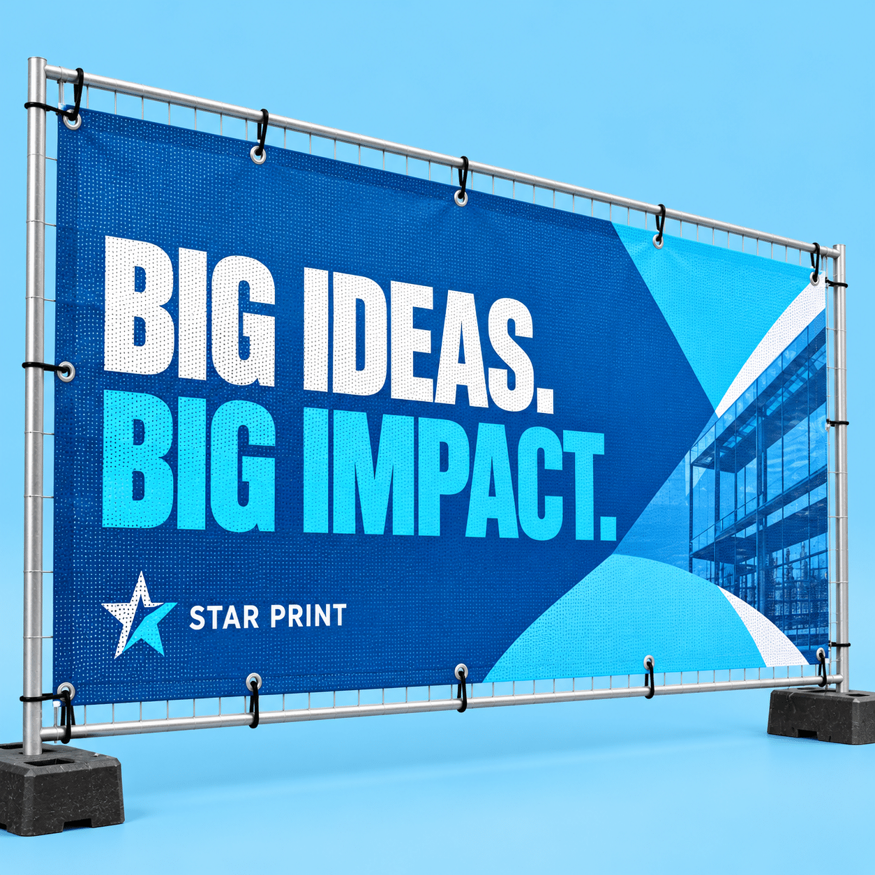 starprint-mesh-blue-main Mesh banner with blue and white artwork and visible perforations on a light blue background