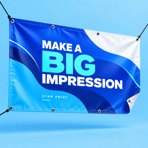 510gsm PVC banner with blue and white printing on a light blue studio background